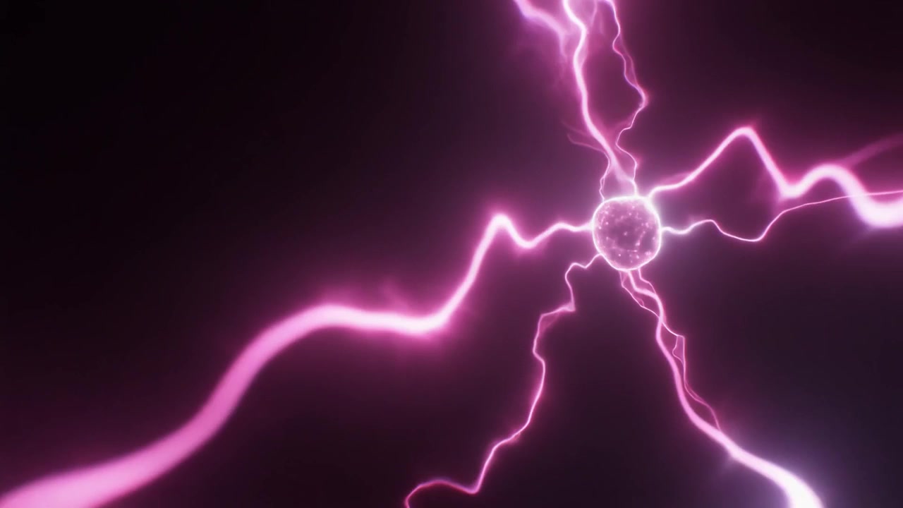 Archi di plasma elettrico rosa astratti che si irradiano da una sfera centrale