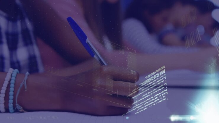 Animazione di elaborazione dati finanziari su studenti di diverse etnie che usano computer