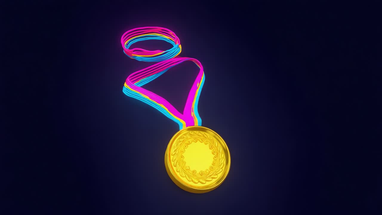 Una straordinaria rappresentazione visiva di una medaglia d'oro con un nastro colorato, che simboleggia successo, vittoria e affermazione in competizioni ed eventi sportivi
