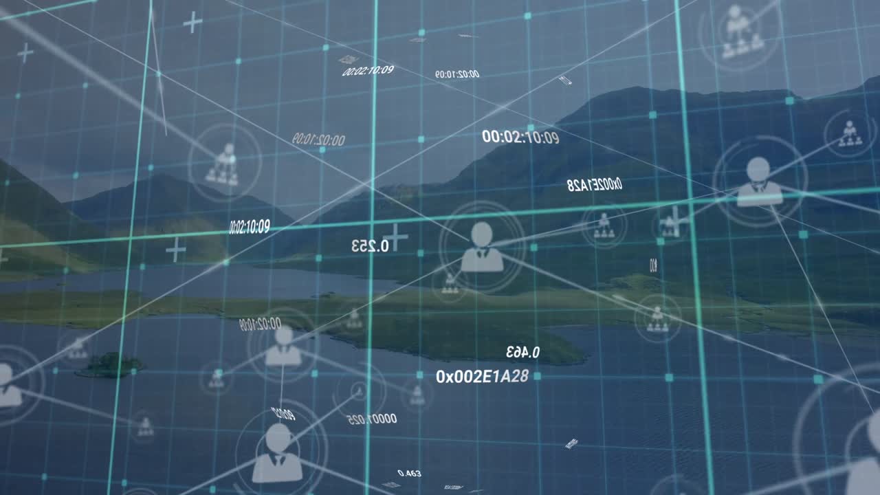 프로필 아이콘과 변화하는 숫자의 네트워크의 애니메이션 산과 바다와 함께 풍경에 대해
