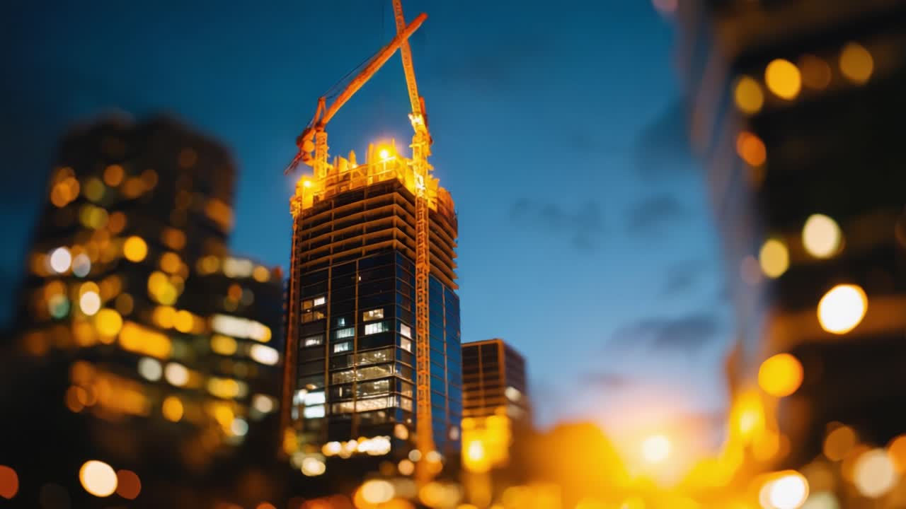 Skyline affascinante della città: un moderno grattacielo in costruzione con gru al tramonto, illuminato dalle luci della città contro un cielo serale nuvoloso
