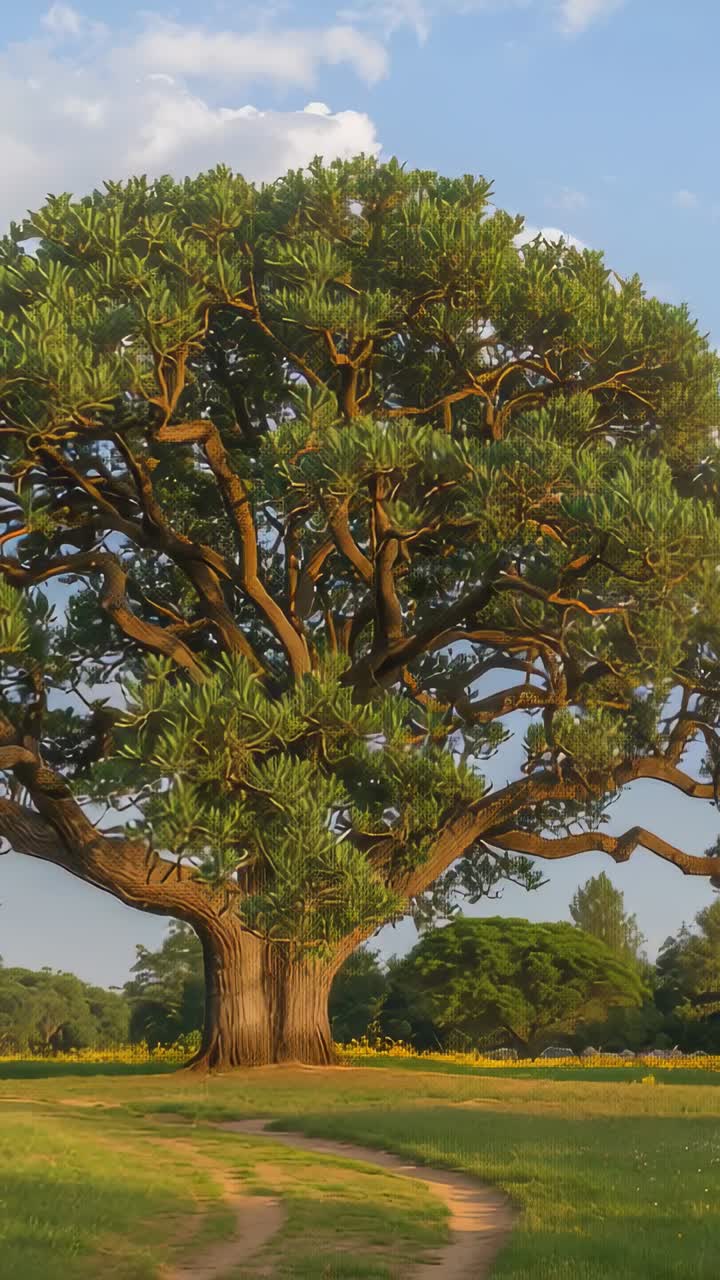 Vidéo verticale&nbsp;: panoramique de la caméra commençant en direction d’un arbre mature dans un champ, montrant la canopée et la piste incurvée