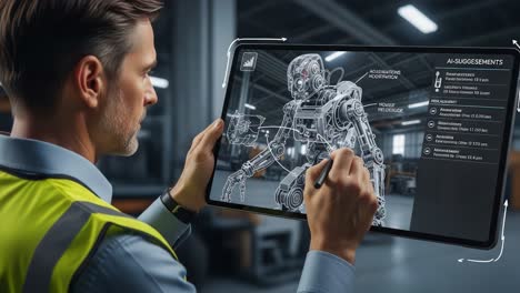 innovative robotics design and development: engineer using tablet to create advanced robotic model with ai suggestions in high-tech manufacturing environment