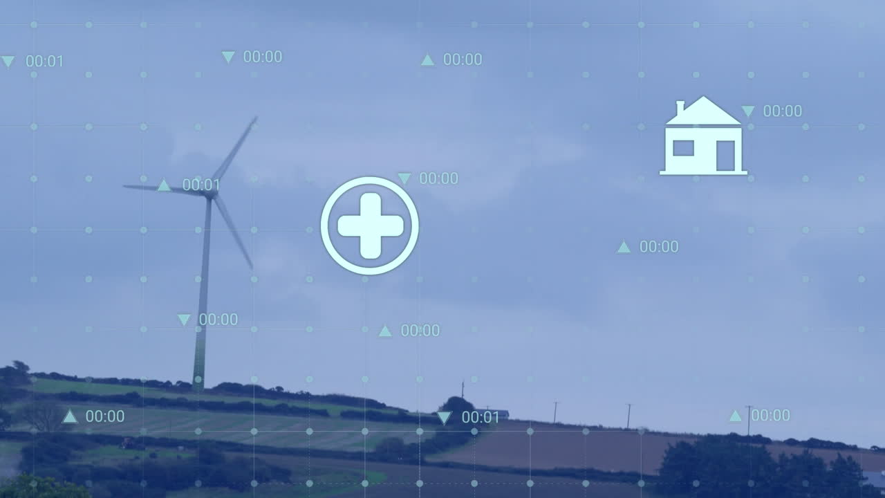 Animazione di statistiche ed elaborazione dei dati sopra una turbina eolica.