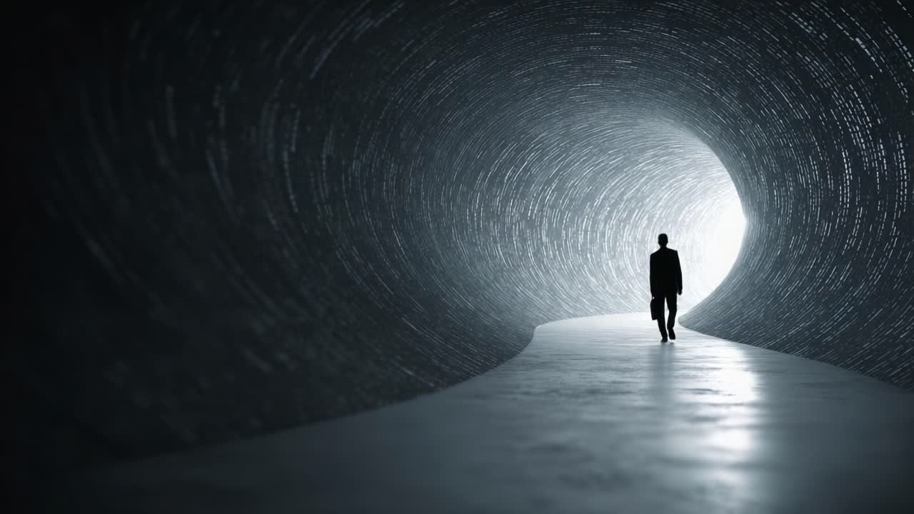 A lone figure enters a mysterious tunnel, embodying themes of exploration and uncertainty, as they journey towards the bright unknown at the end of a dark passageway