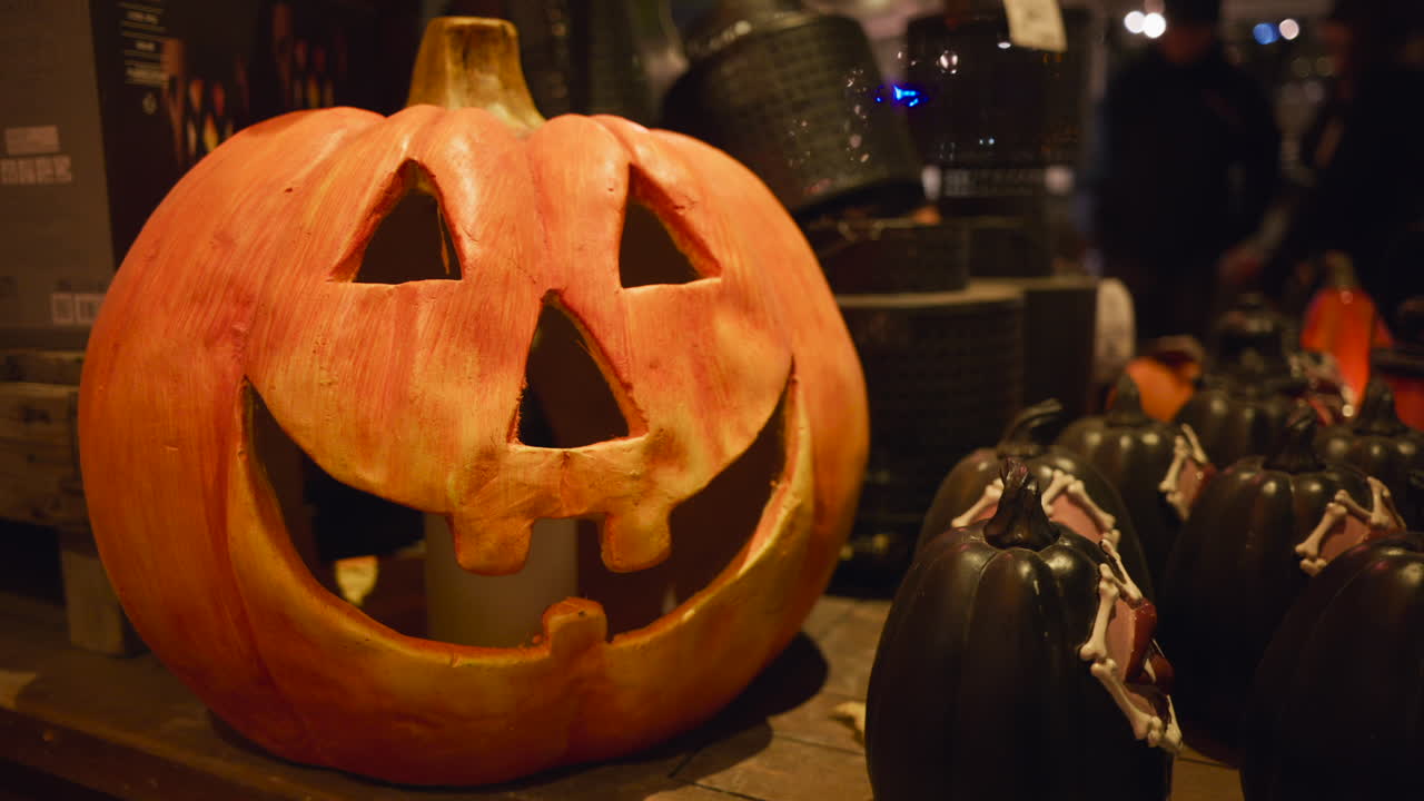 Halloween decorations in the Tivoli Gardens amusement park in Copenhagen, Denmark at night
