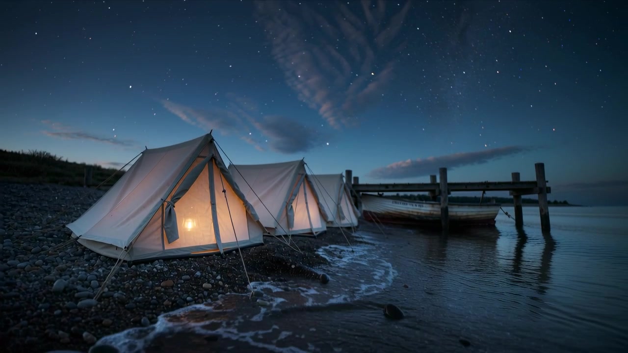 Marea che avanza spingendo i riflessi delle tende a campana in tela illuminate lungo la riva di ciottoli vicino al molo