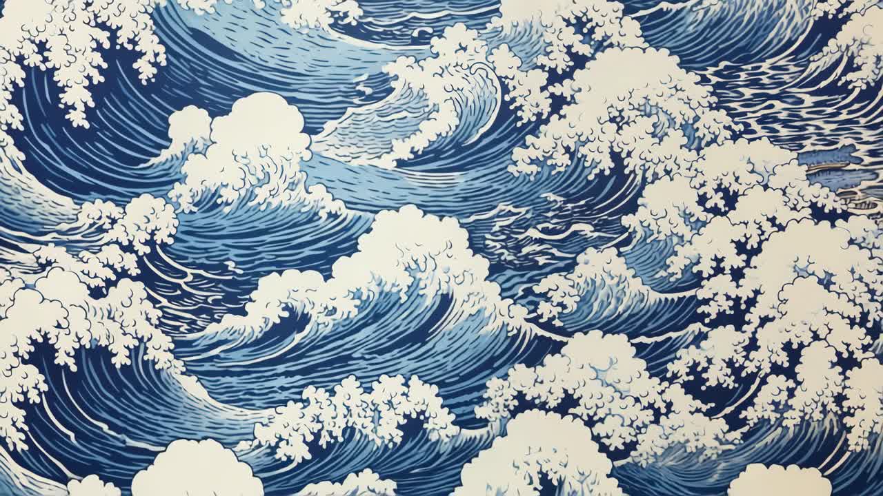 Vue aérienne de vagues océaniques stylisées dans un style artistique japonais, rappelant la gravure sur bois traditionnelle