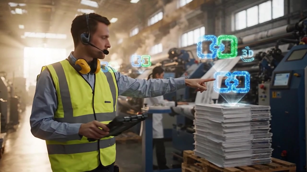 Ingeniero industrial operando un sistema holográfico en una planta industrial.