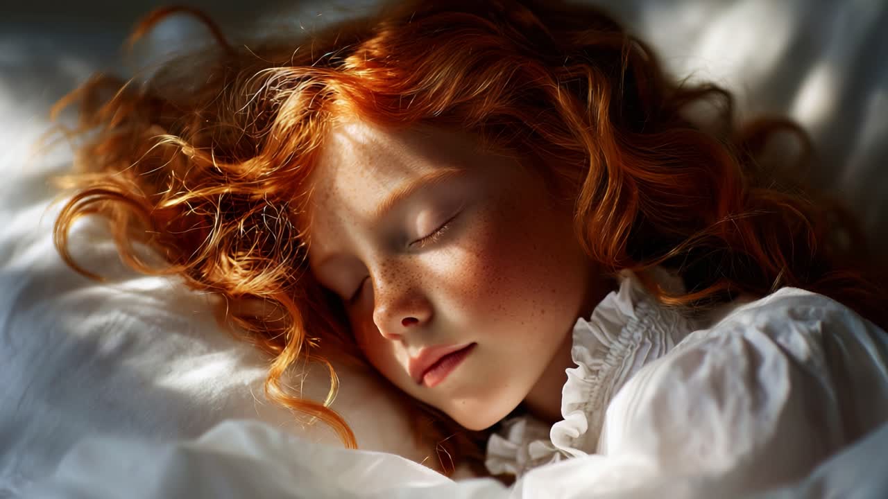 Et fredfyldt og roligt øjeblik foreviget i søvne, der viser et ungt barn med smukke røde krøller, badet i blidt sollys, hvilket skaber en fortryllende og varm atmosfære af ro.