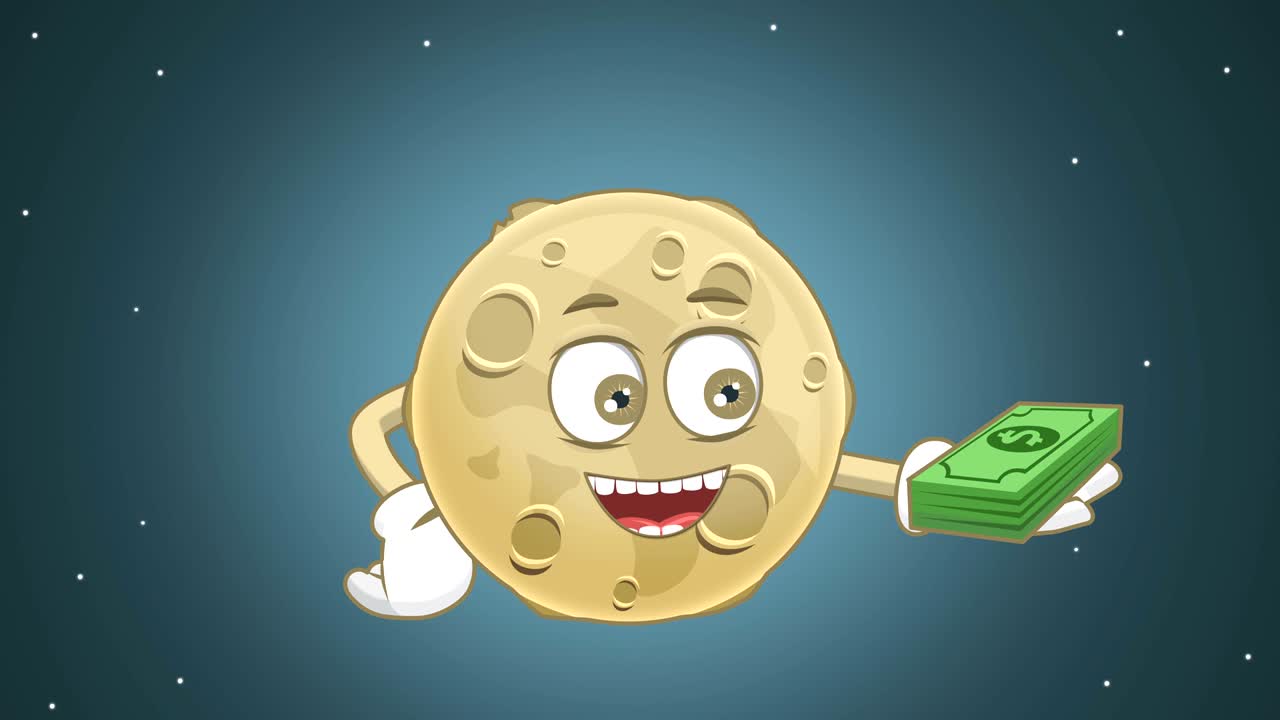 Lua fofa de desenho animado com dinheiro dólar na mão, animação facial e máscara alfa