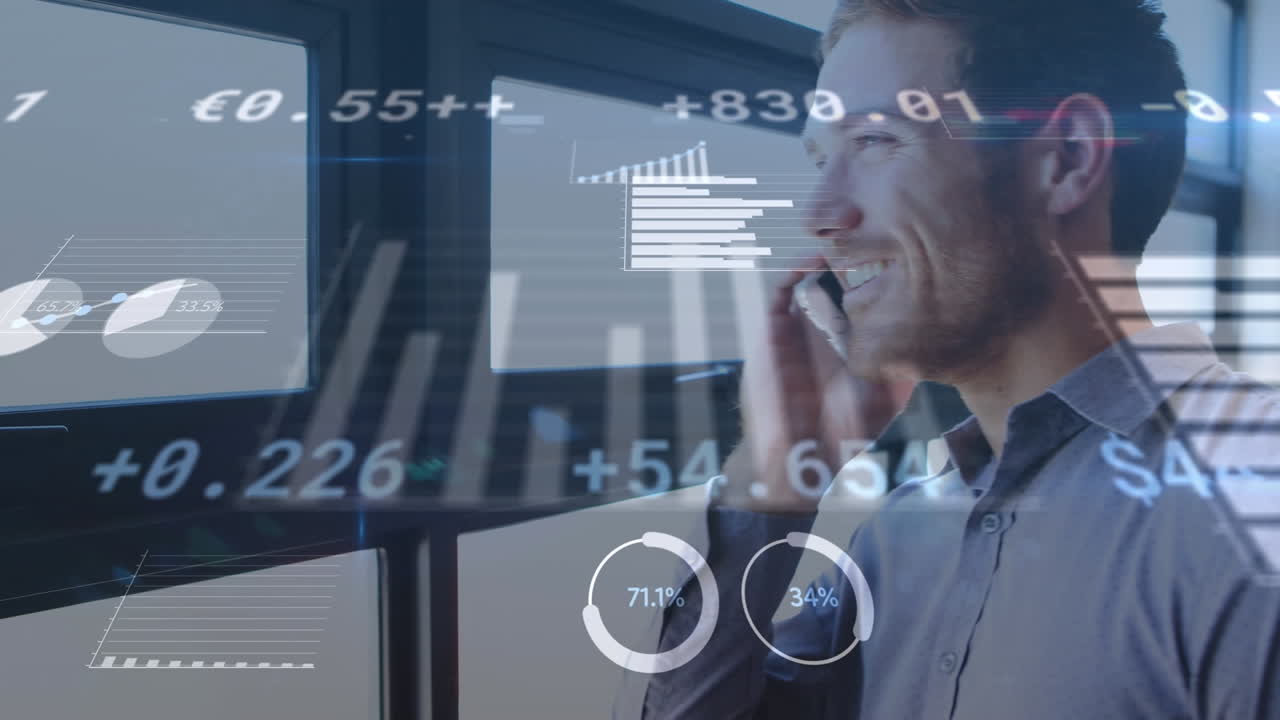 animación del procesamiento de datos financieros sobre un empresario que usa un teléfono inteligente