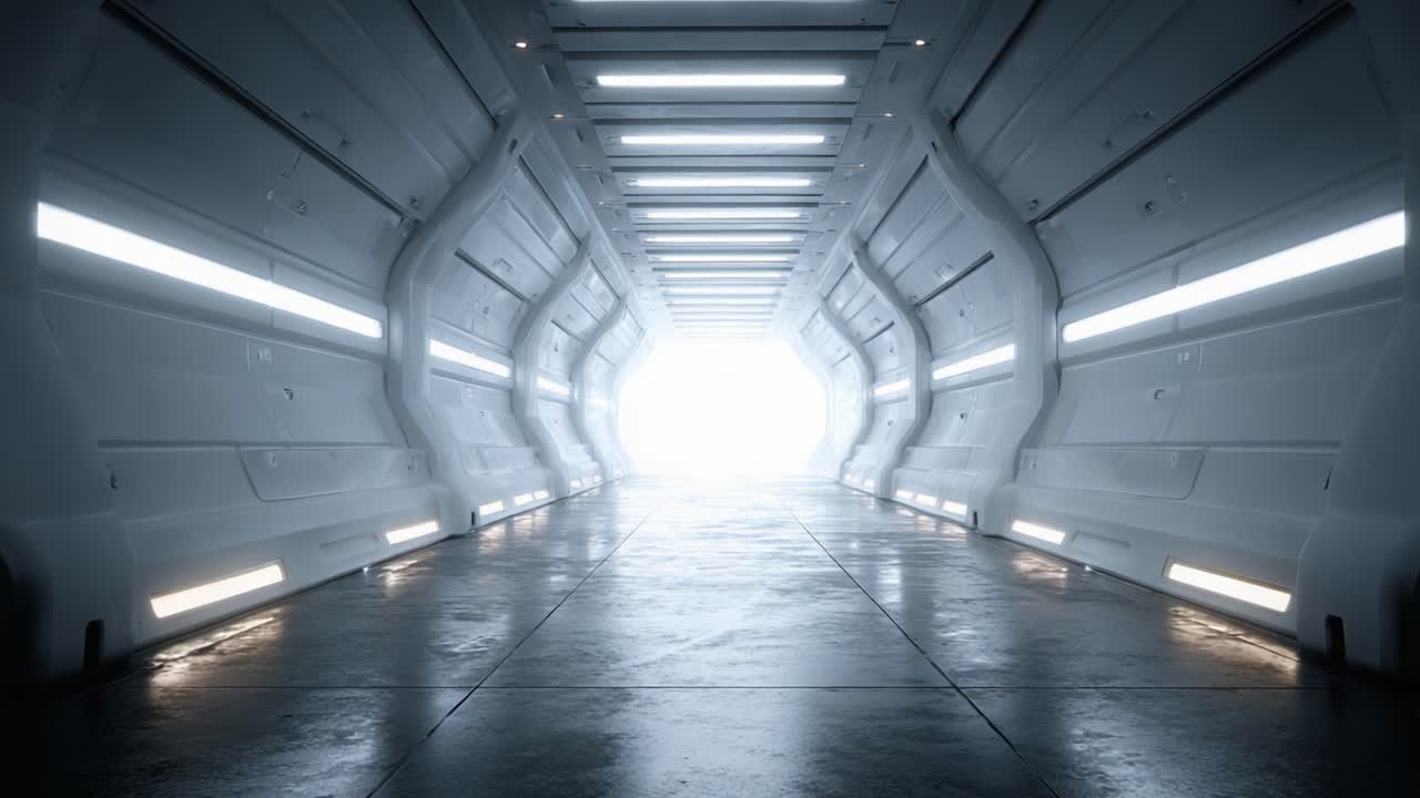 A Futuristic Passageway Illuminated by Bright Light: A Journey Through a Sleek, Modern Corridor with Reflective Surfaces and High-Tech Design Features