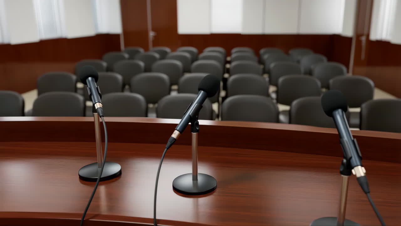 Empty Conference Room with Microphones and Seating