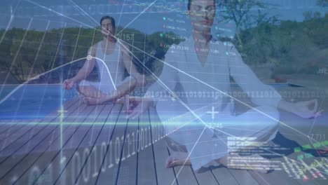 animación de gráficos con datos y estadísticas sobre una pareja caucásica meditando junto a una piscina