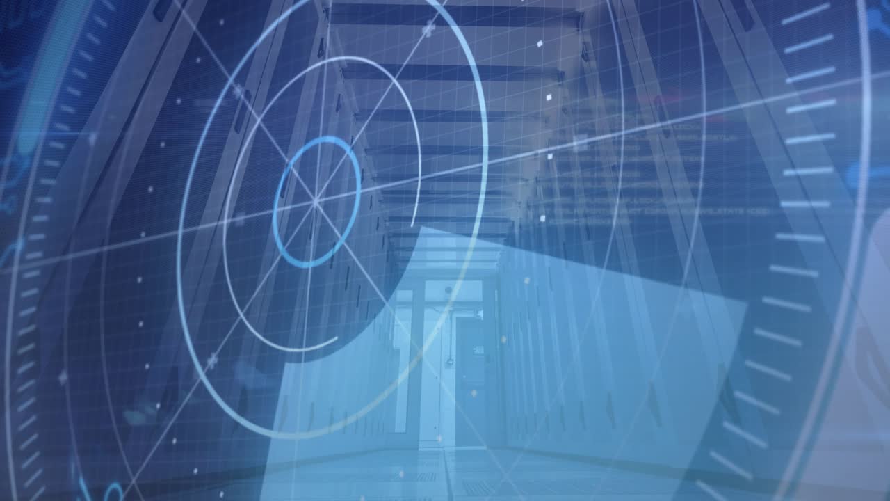 HUD radar initiating sweep, wedge sweeping over server corridor revealing racks for monitoring