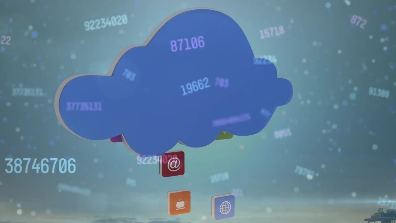 animación de nubes digitales, números y iconos tecnológicos