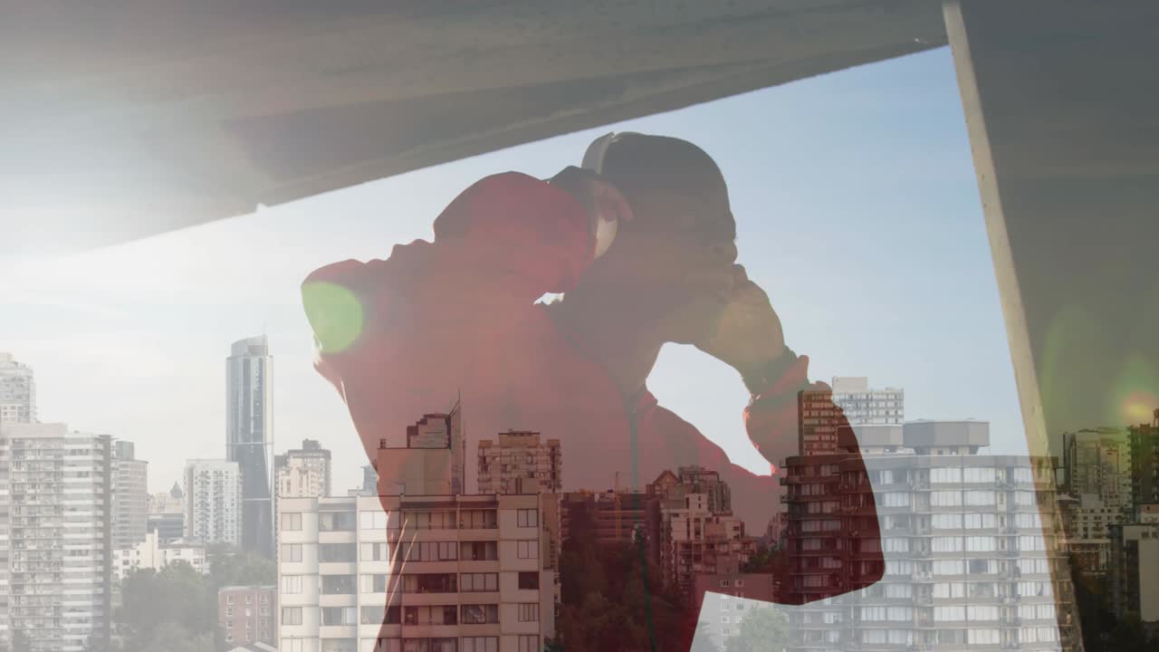animación de un hombre afroamericano con auriculares sobre el paisaje urbano