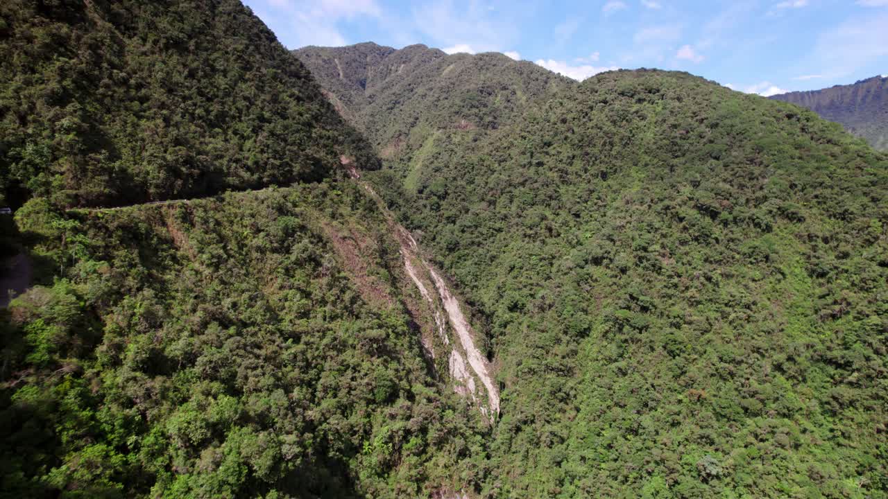 The incredibly narrow and unpaved Yungas Road, famously known as the "Death Road," winding its way through the steep, lush mountains of the Bolivian Andes