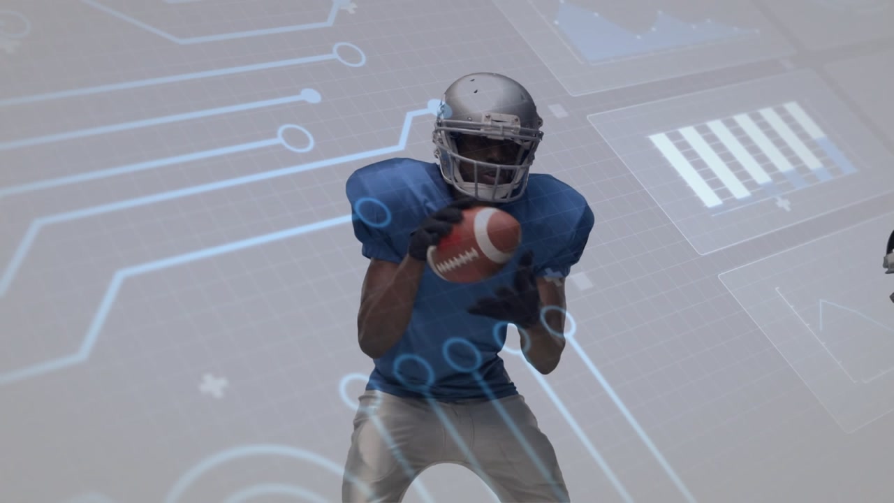 Catching blue-jersey player securing catch with football entering from right at studio, HUD overlay