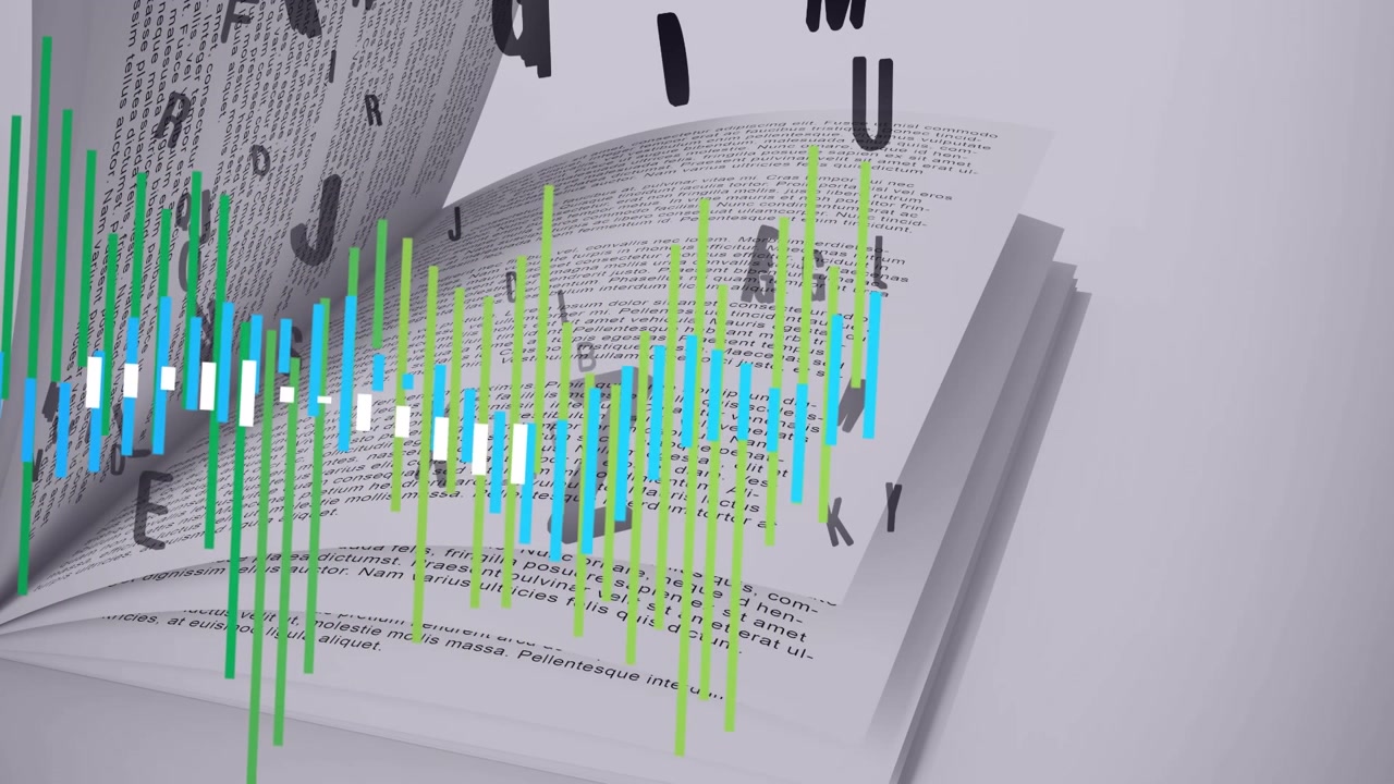 Animacja statystyk i liter zmieniających się nad książką