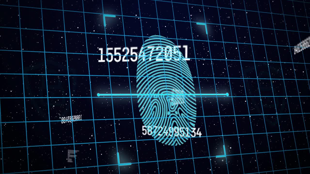 animación de números cambiando con huella digital azul brillante con cuadrícula en el fondo