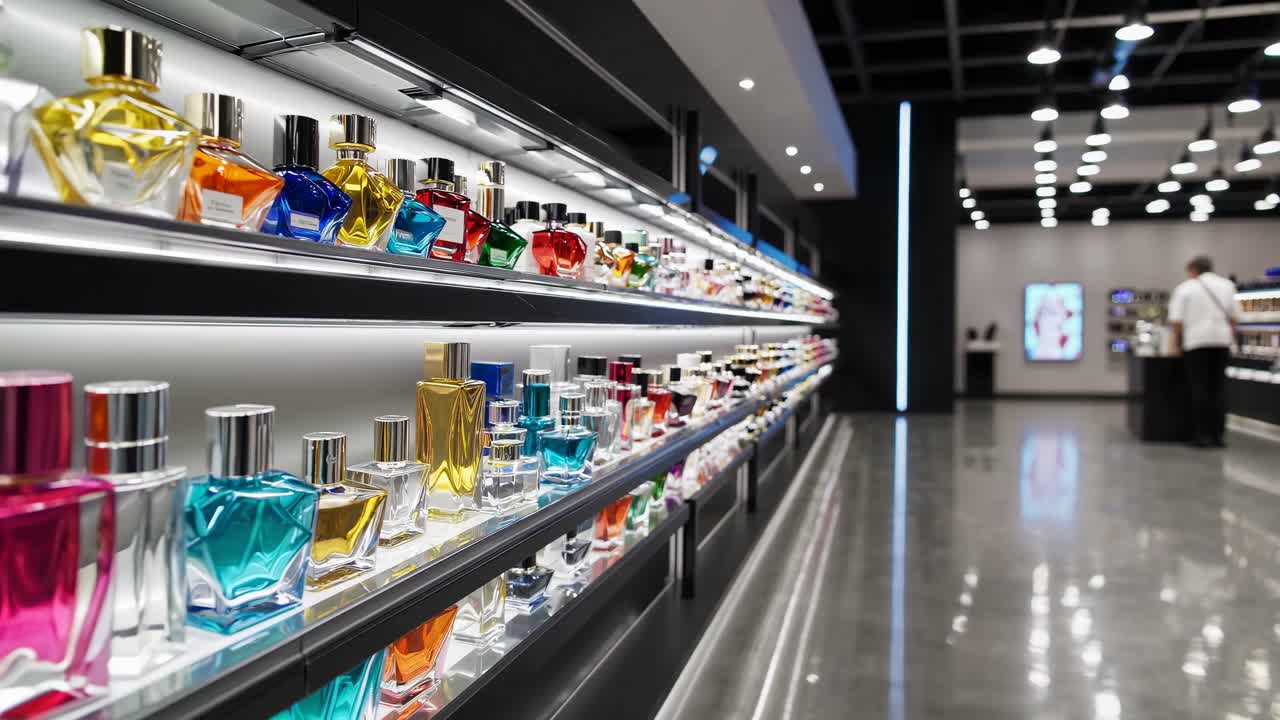 Wide-angle shot of a modern perfume store, showcasing colorful bottles on sleek shelves
