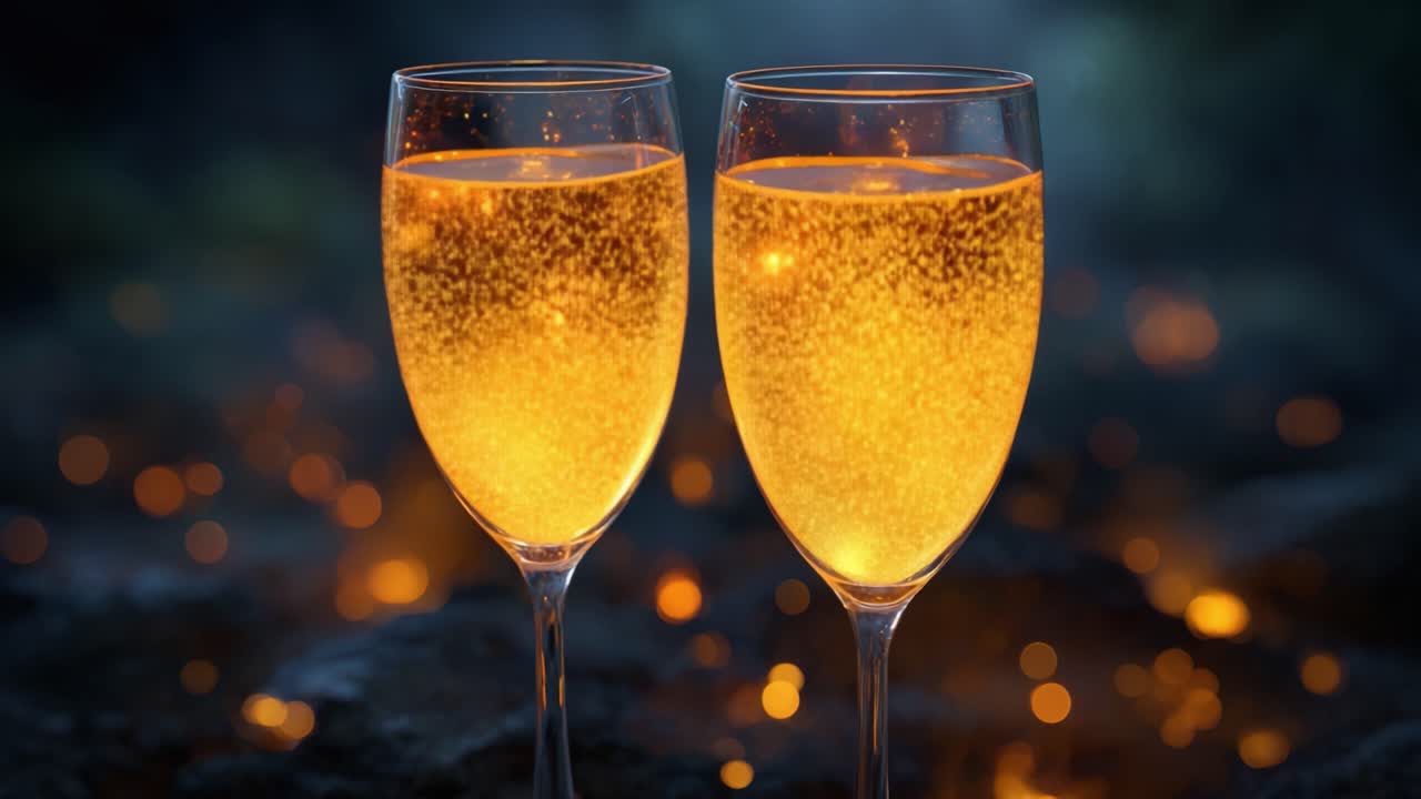 Due calici scintillanti di bevanda frizzante immortalati in un'atmosfera magica con luminosi effetti bokeh per una scena celebrativa incantevole