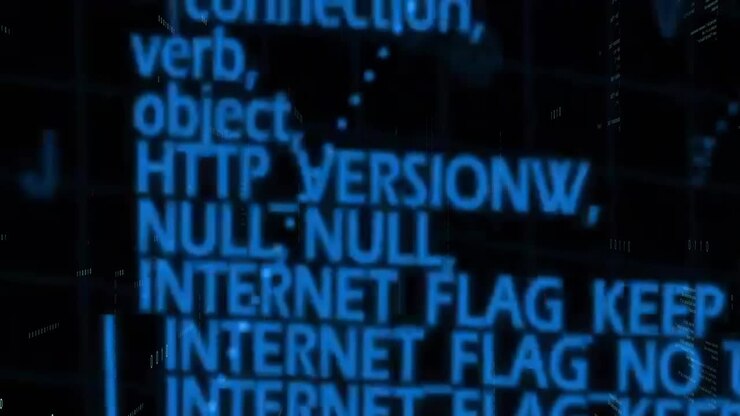 Blue digital text animation displaying VALID over dark background with code elements