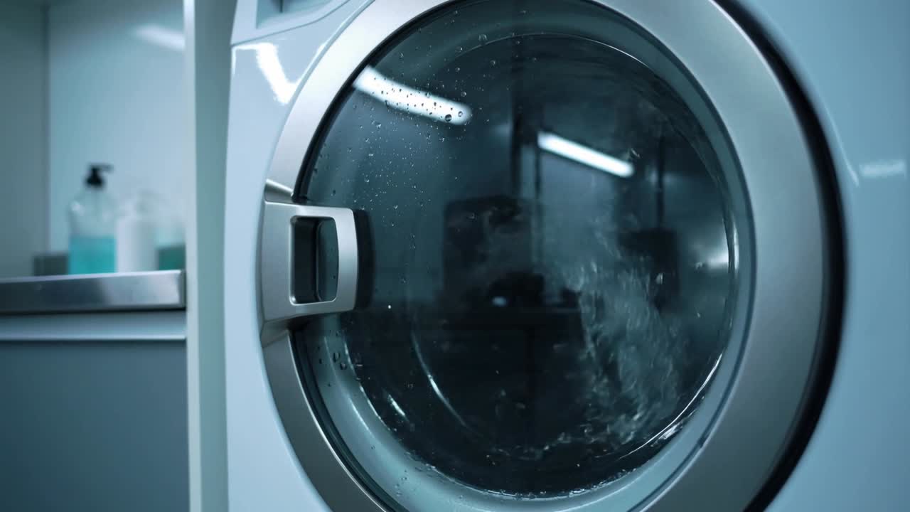Starting front-load washer spinning drum and swirling suds in utility room with detergent bottles