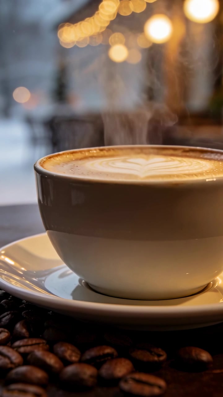 Video verticale: Vapore che sale dopo la mescita, tazza bianca di latte macchiato su un tavolo da caffè con chicchi.