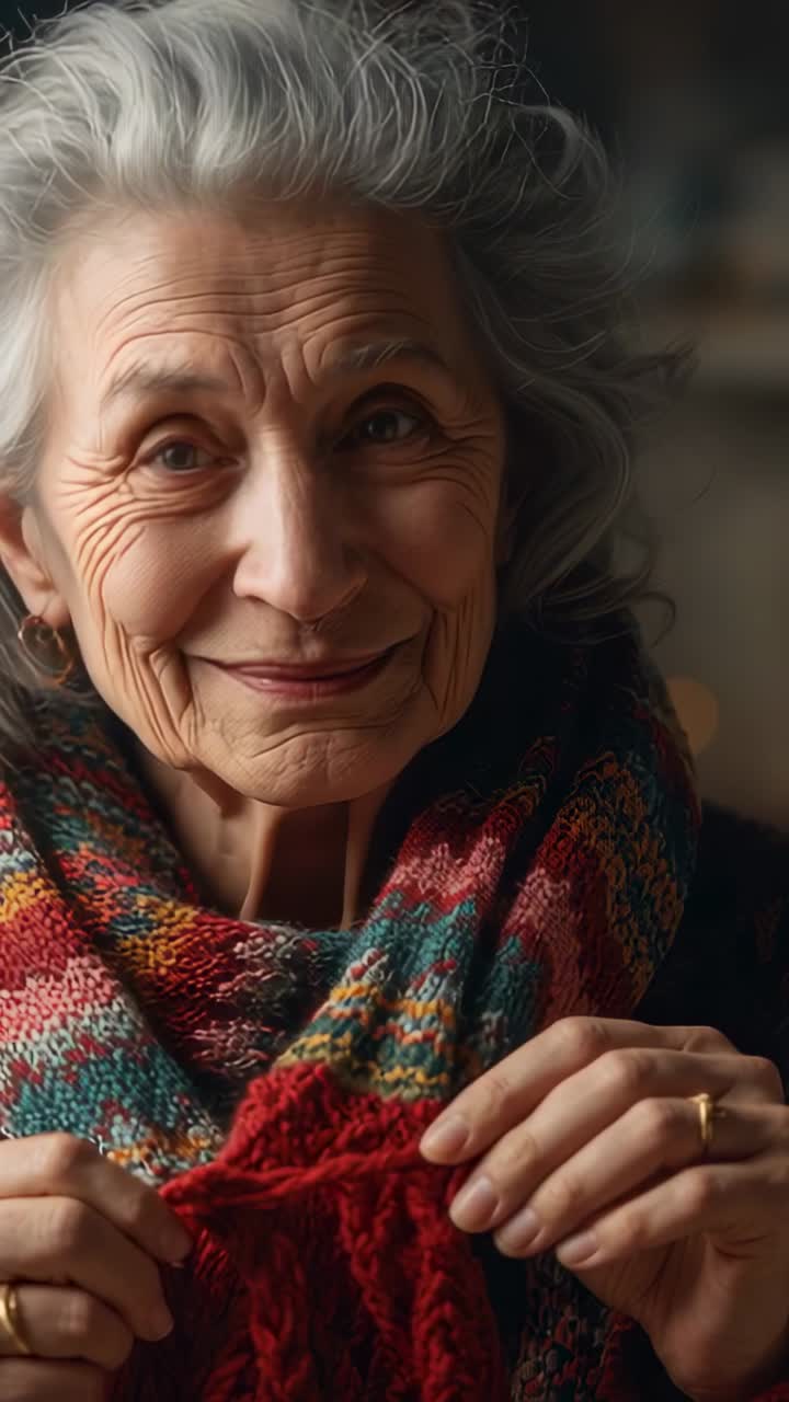 Vertical video: Examining red knit square senior woman adjusting edges and closing eyes at home