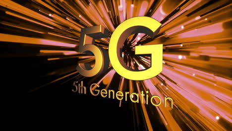 animation of 5g 5th generation text and light trails on dark background