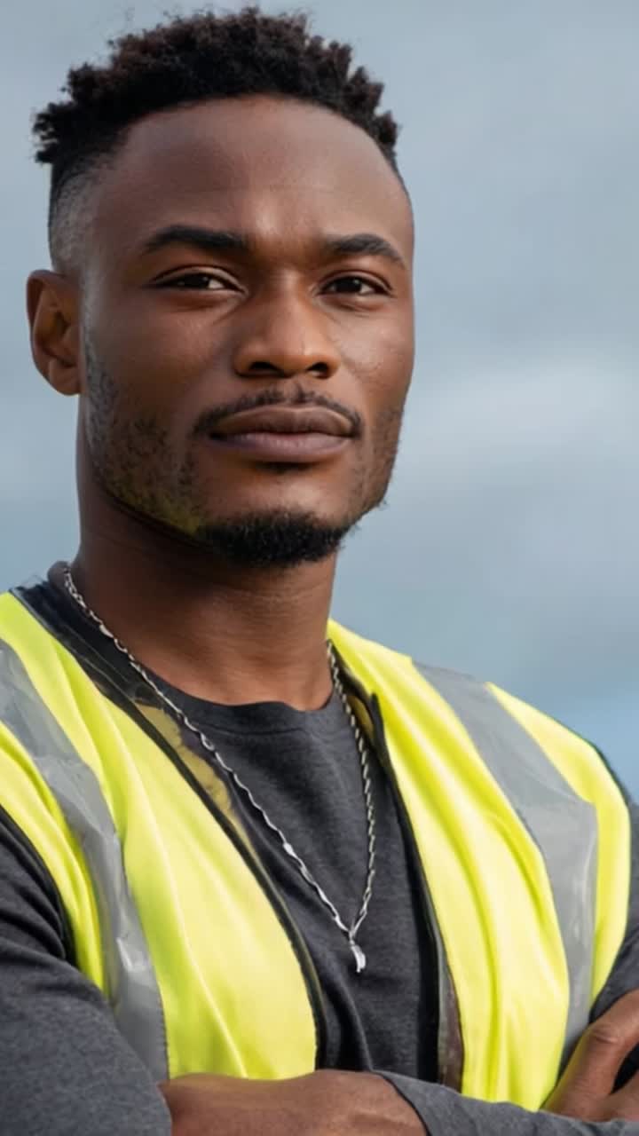 Confident worker in safety vest standing against a cloudy sky, showcasing determination and professionalism while embodying strength and focus in his demeanor