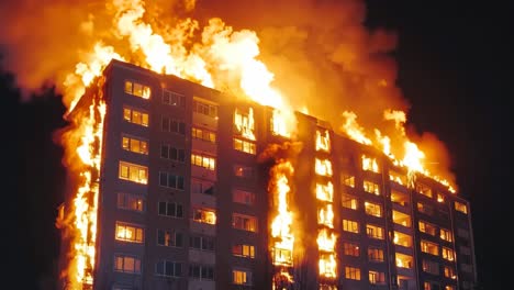 a tall building is engulfed by flames at night