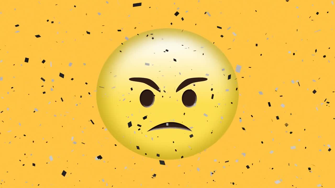 Animace padajících konfet přes naštvané emoji na žlutém pozadí.