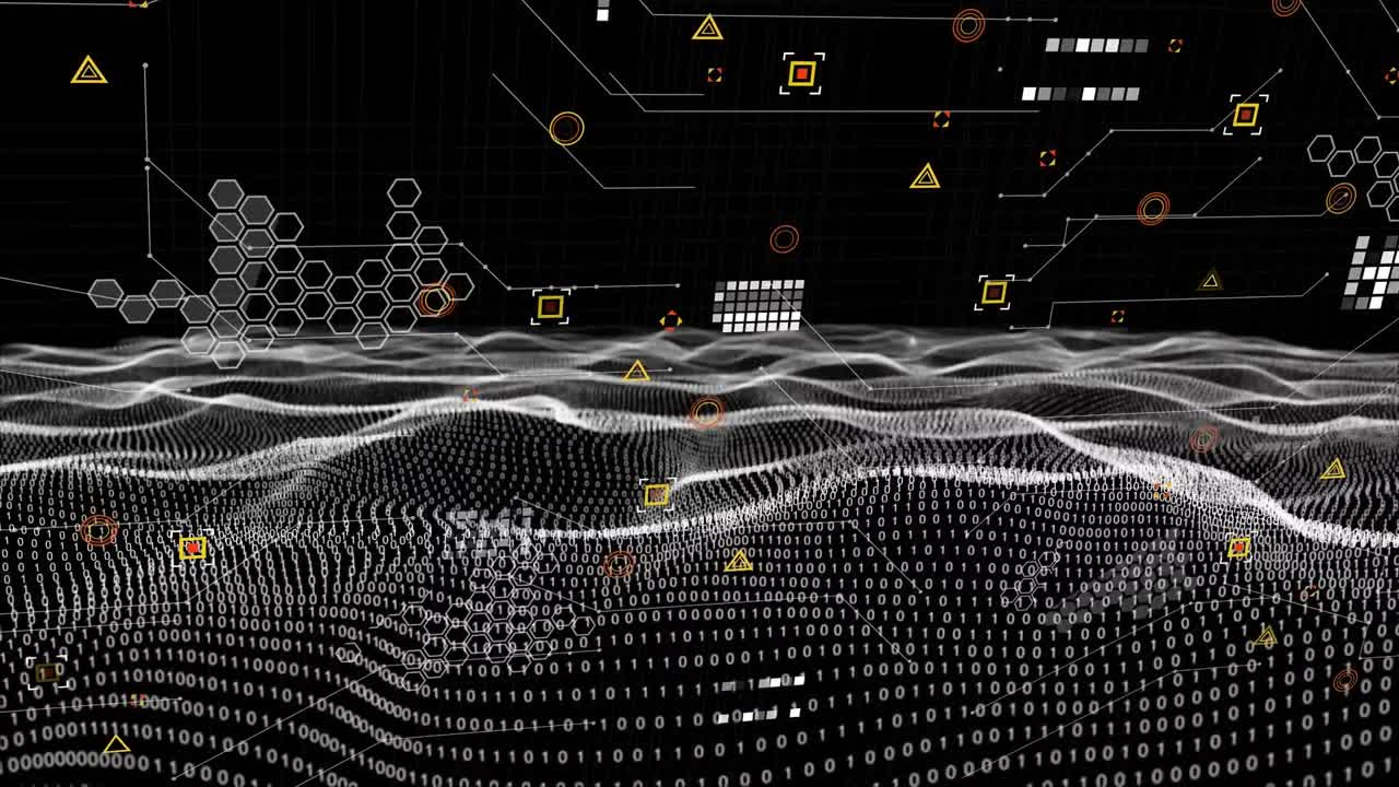 Digital animation of data processing and binary coding over digital waves against black background