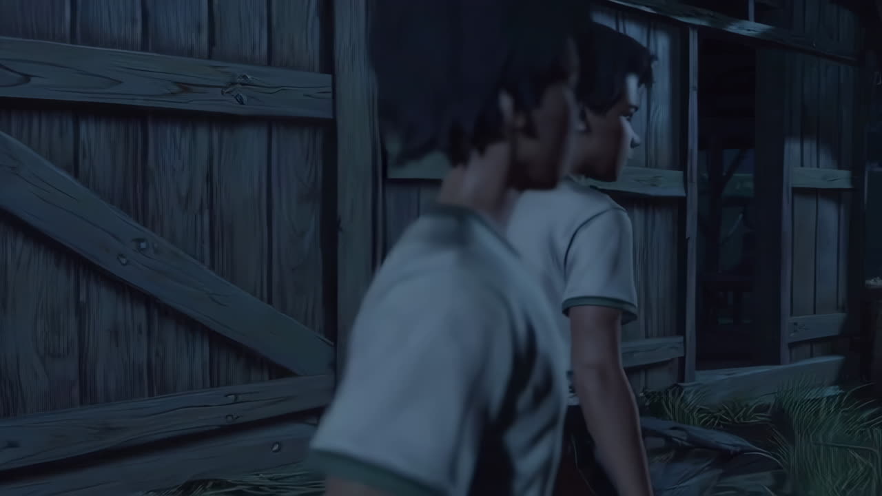 밤에 어두운 창고를 탐험하는 소년