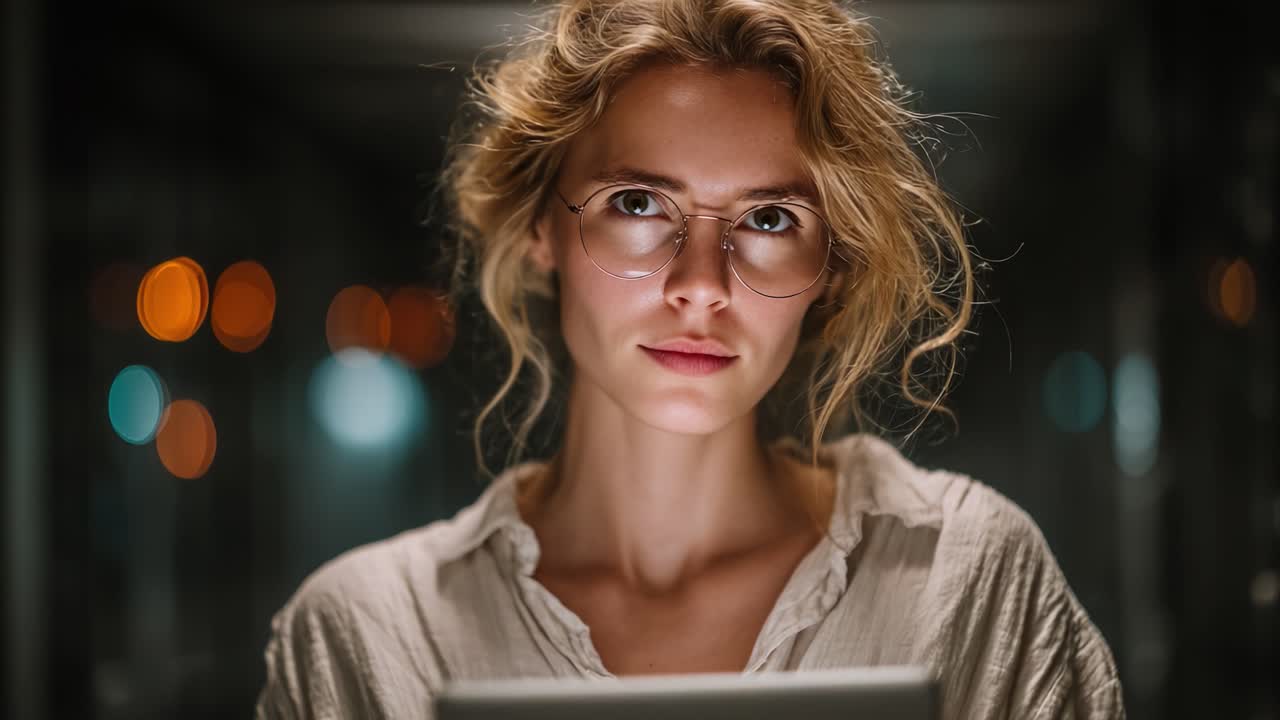 Focused and Engaged: A Young Woman with Glasses Concentrating on a Screen, Surrounded by a Soft Glow of Lights in a Dimly Lit Environment