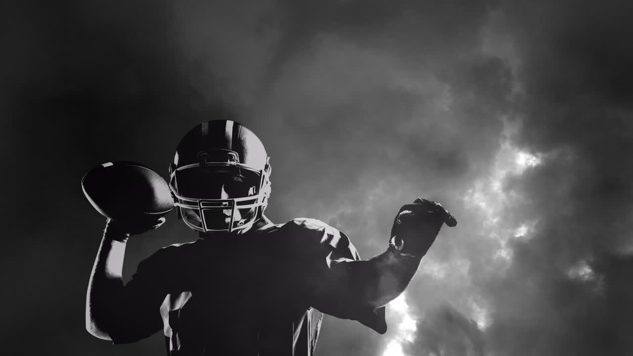 Animazione di un giocatore di football americano su cielo tempestoso con nuvole scure
