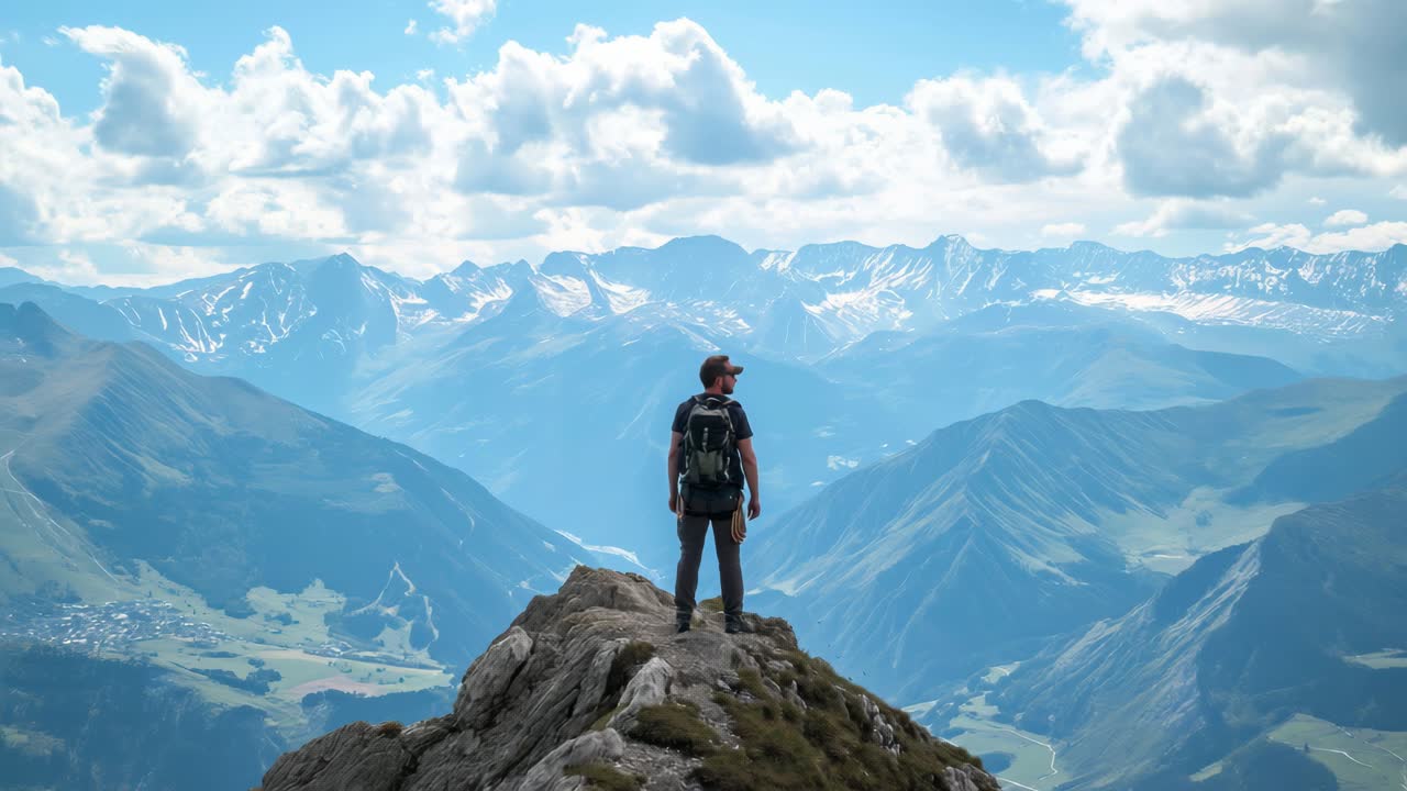 Male hiker with backpack standing on a mountain peak enjoying the breathtaking view of the valley and the snow capped mountains in the distance under a beautiful cloudy sky