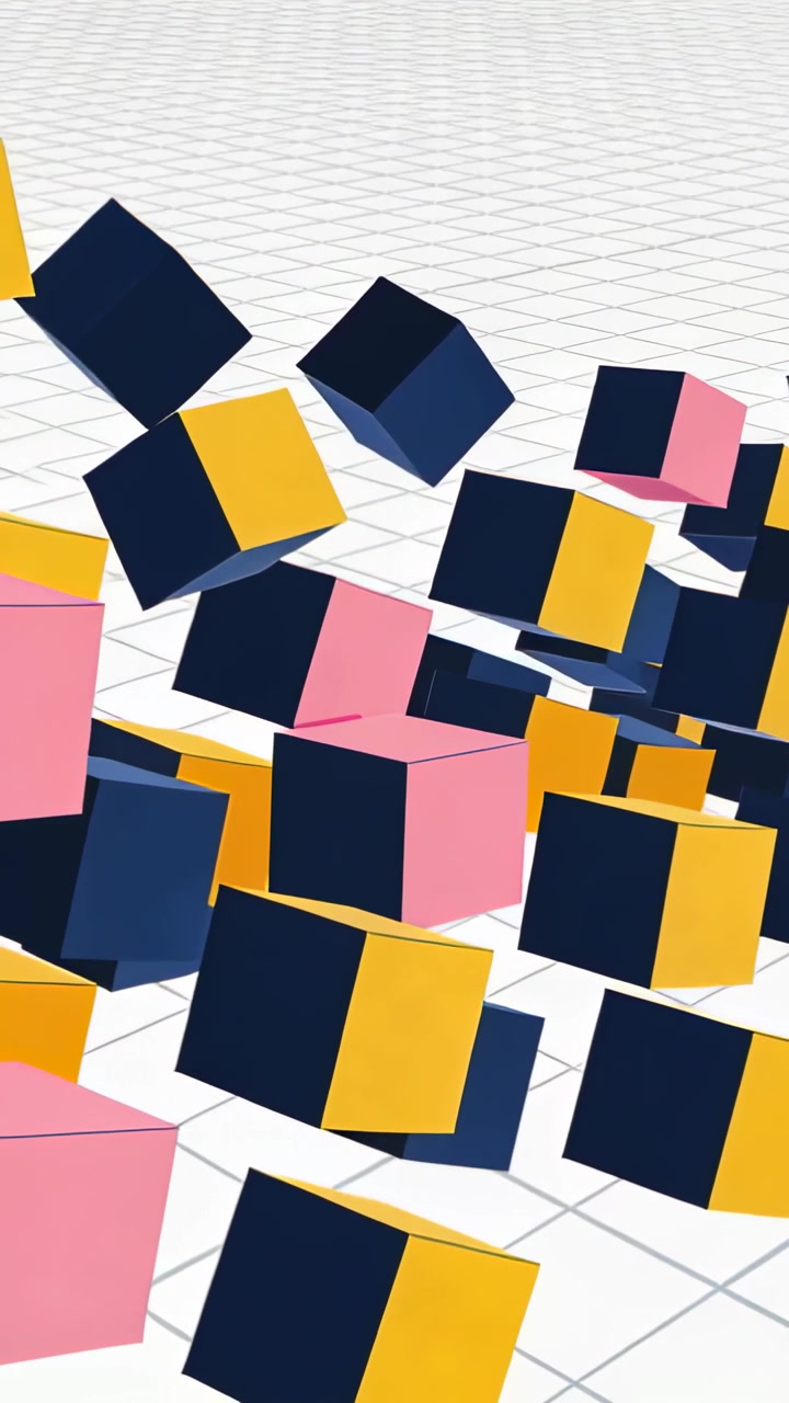 Vertical video: Impulse giving 3D cube group lifting flowing right on white-grid, navy,yellow,pink