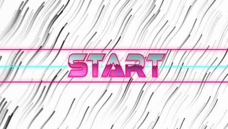 animation of start text over neon banner against wavy lines in seamless pattern on white background