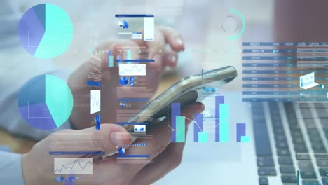 animation of statistical data processing over mid section of businessman using smartphone at office