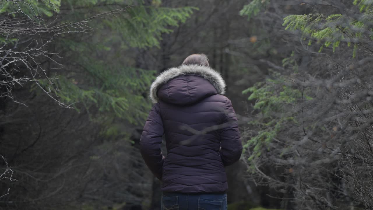 Girl in a coat and hood walks alone in a forest in Iceland