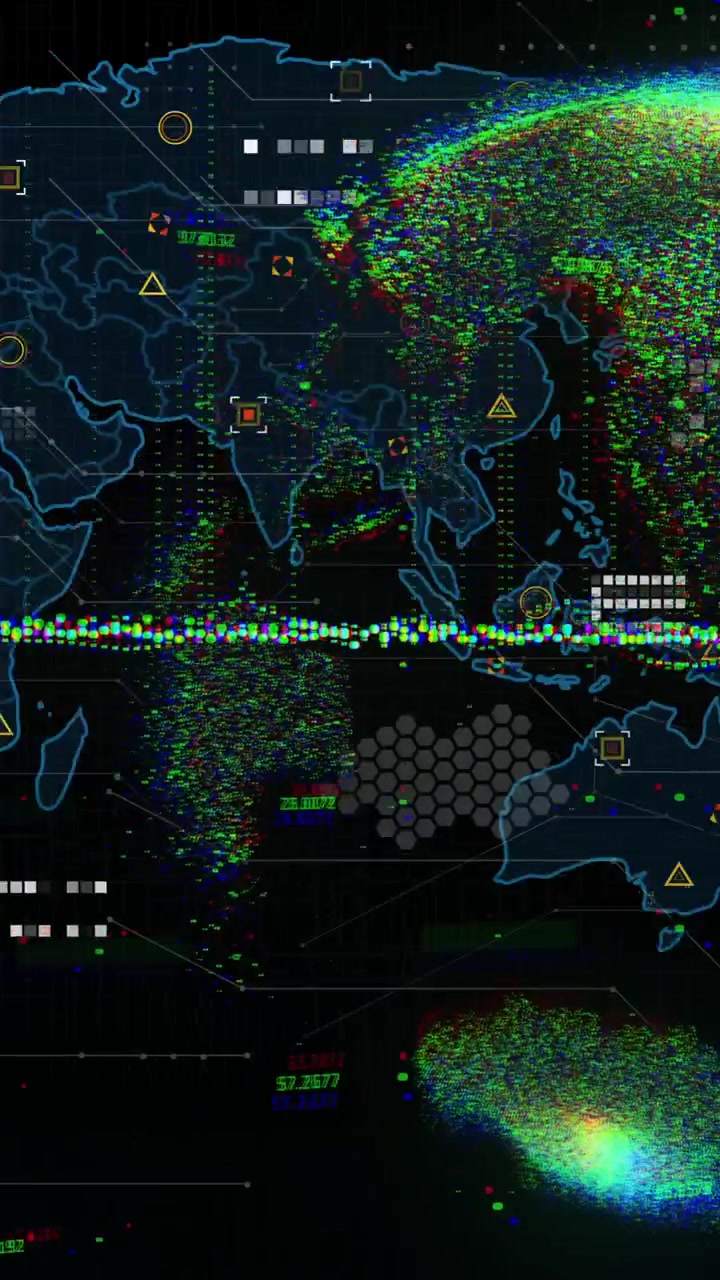Digital world map with colorful data points and network connections animation