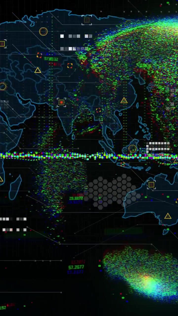 Digital world map with colorful data points and network connections animation