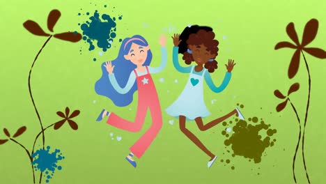 Animación-De-Dos-Chicas-Sobre-Flores-Sobre-Fondo-Verde