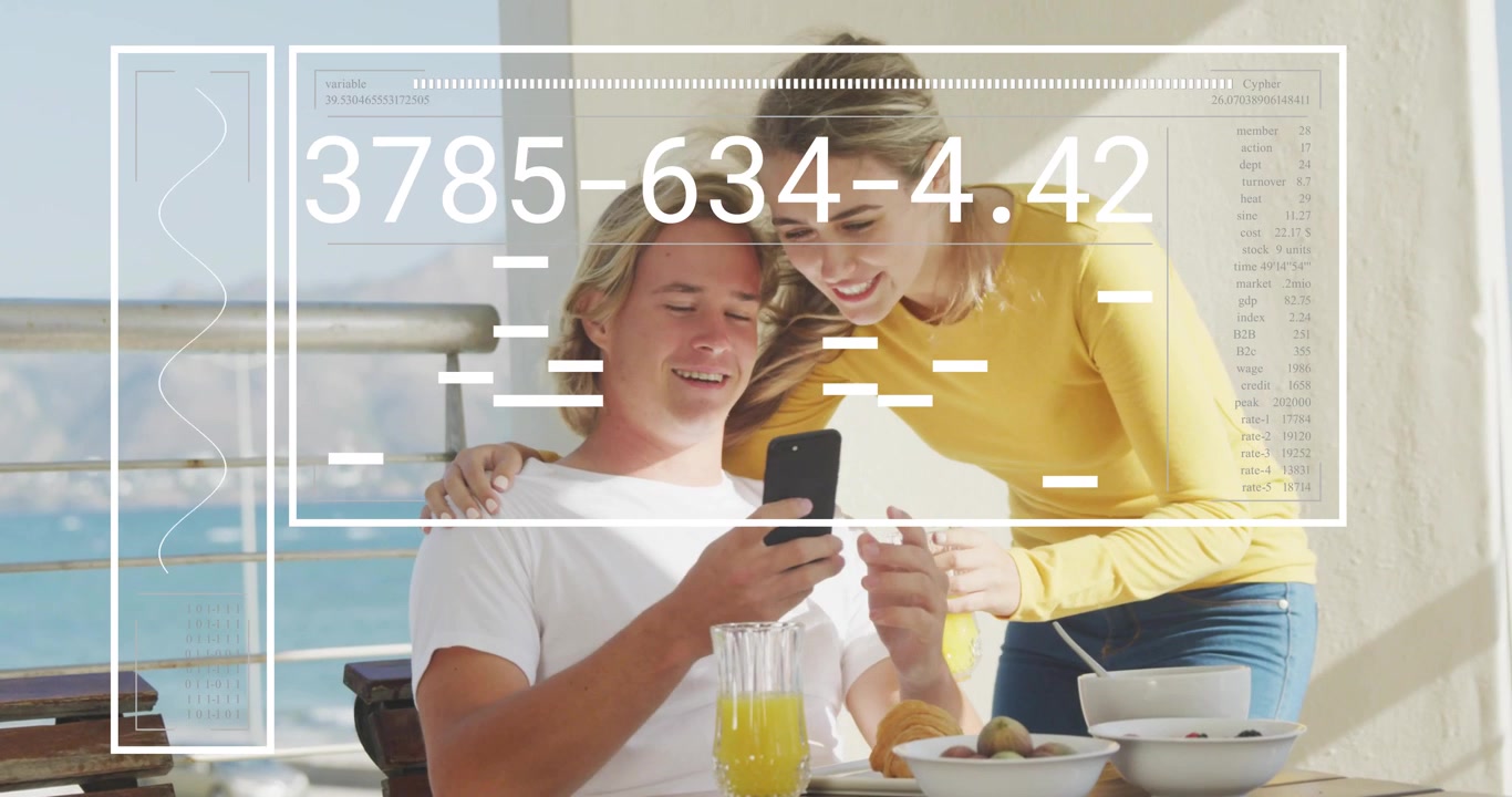 Couple on balcony pouring juice, man unlocking phone viewing as tech HUD updating numbers, smiling