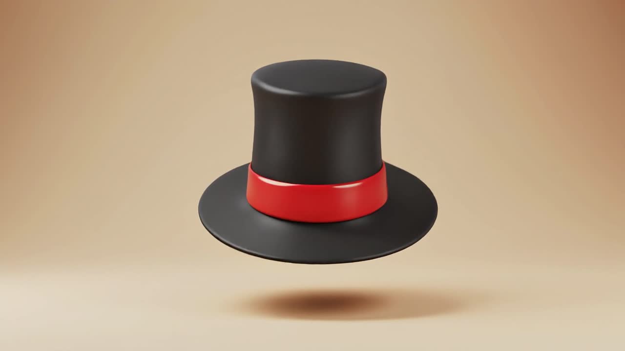 Sombrero de copa negro 3D animado con banda roja girando